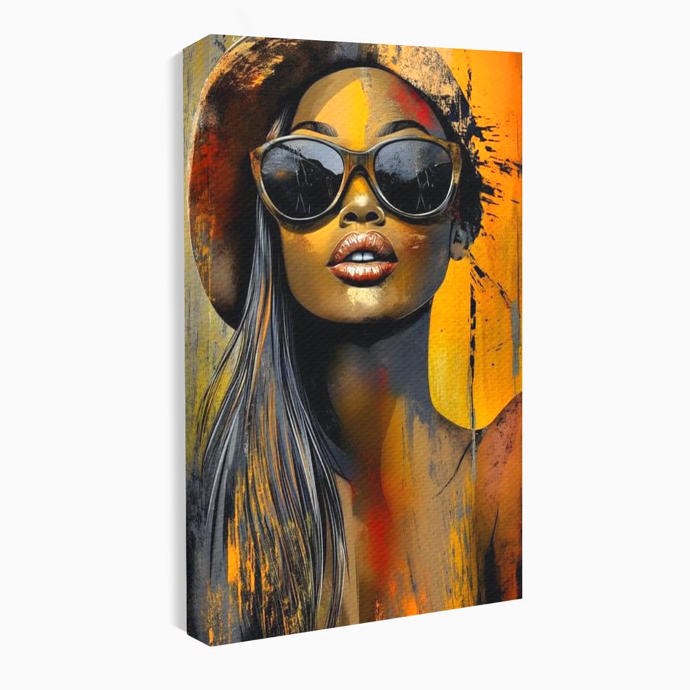 Tablou canvas cu tablou canvas cu portret de femeie ochelari de soare, fara rama, pe sasiu de lemn